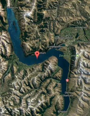 Map showing Lake Wakatipu's bent outline, with Queenstown at the middle, Glenorchy at the head and Kingston at the southern end