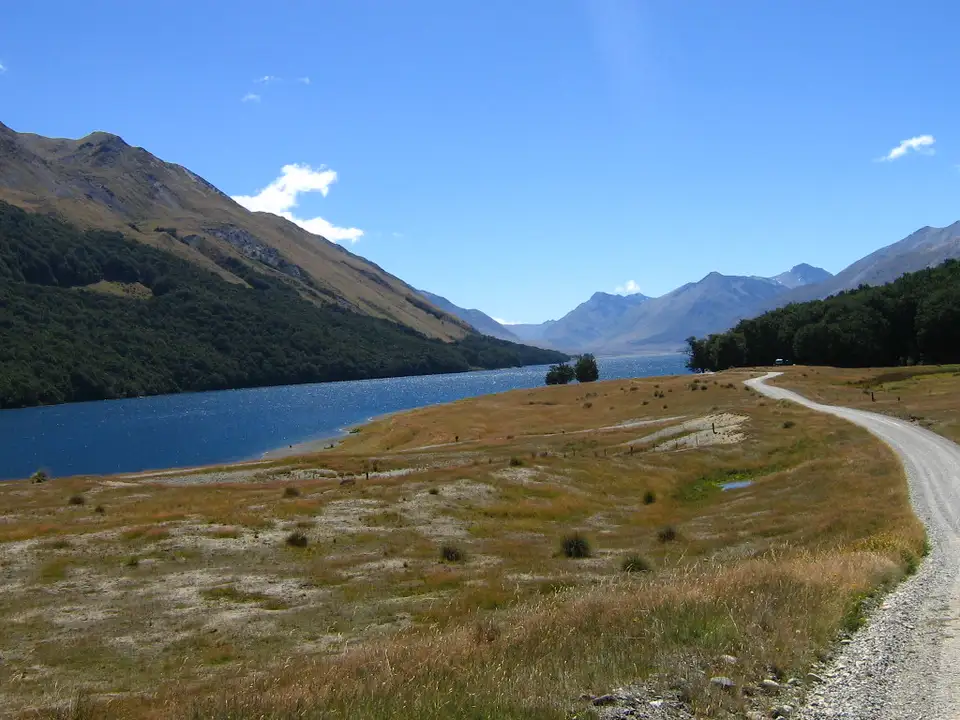 North Mavora Lake, looking along the water to the surrounding mountains