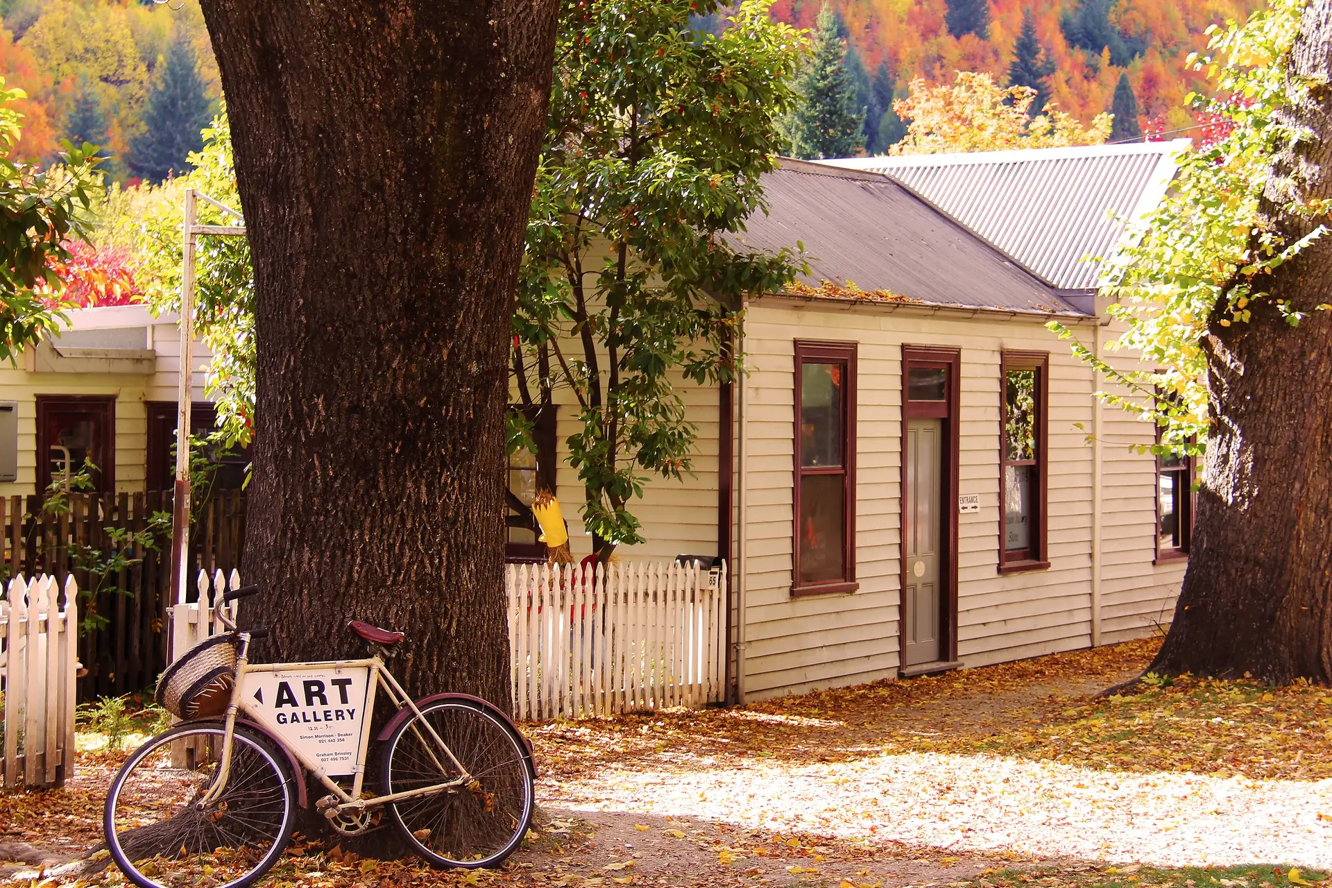 A bicycle with an art gallery sign leaning against a tree outside a weatherboard cottage in Arrowtown, with autumn colour on the hills behind