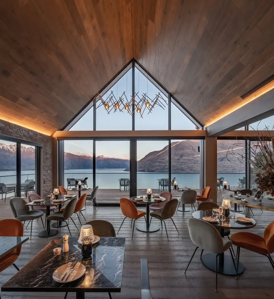 The dining room at Nest, looking down Lake Whakatipu from Fernhill