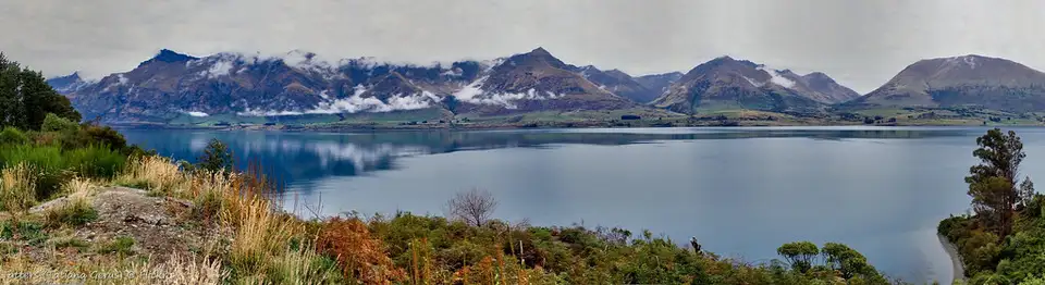 Lake Wakatipu from a lookout on the Glenorchy road, with the mountains dropping straight into the water