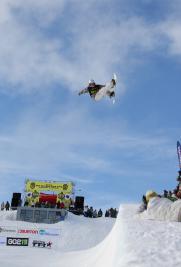 Gaining big air, rider Markus Malin (France), at the Burton New Zealand Open 200